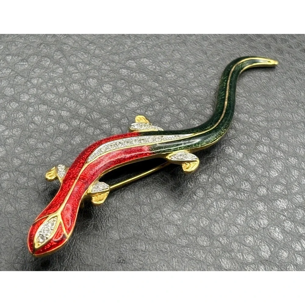 Vintage Red Green Enamel Rhinestone Crystal Lizard Salamander Brooch Pin